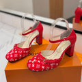 HIGH SANDALS 8 CM IN CHERRY RED MONOGRAM DENIM