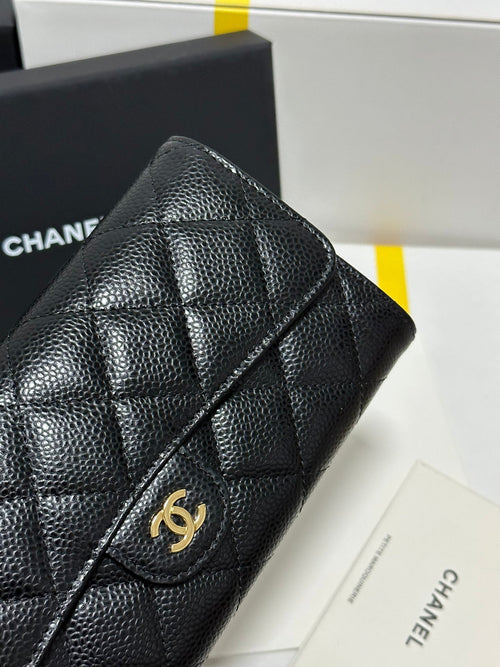 CC Classic Long Flap Wallet Black Quilted Caviar Gold Buckle 243676